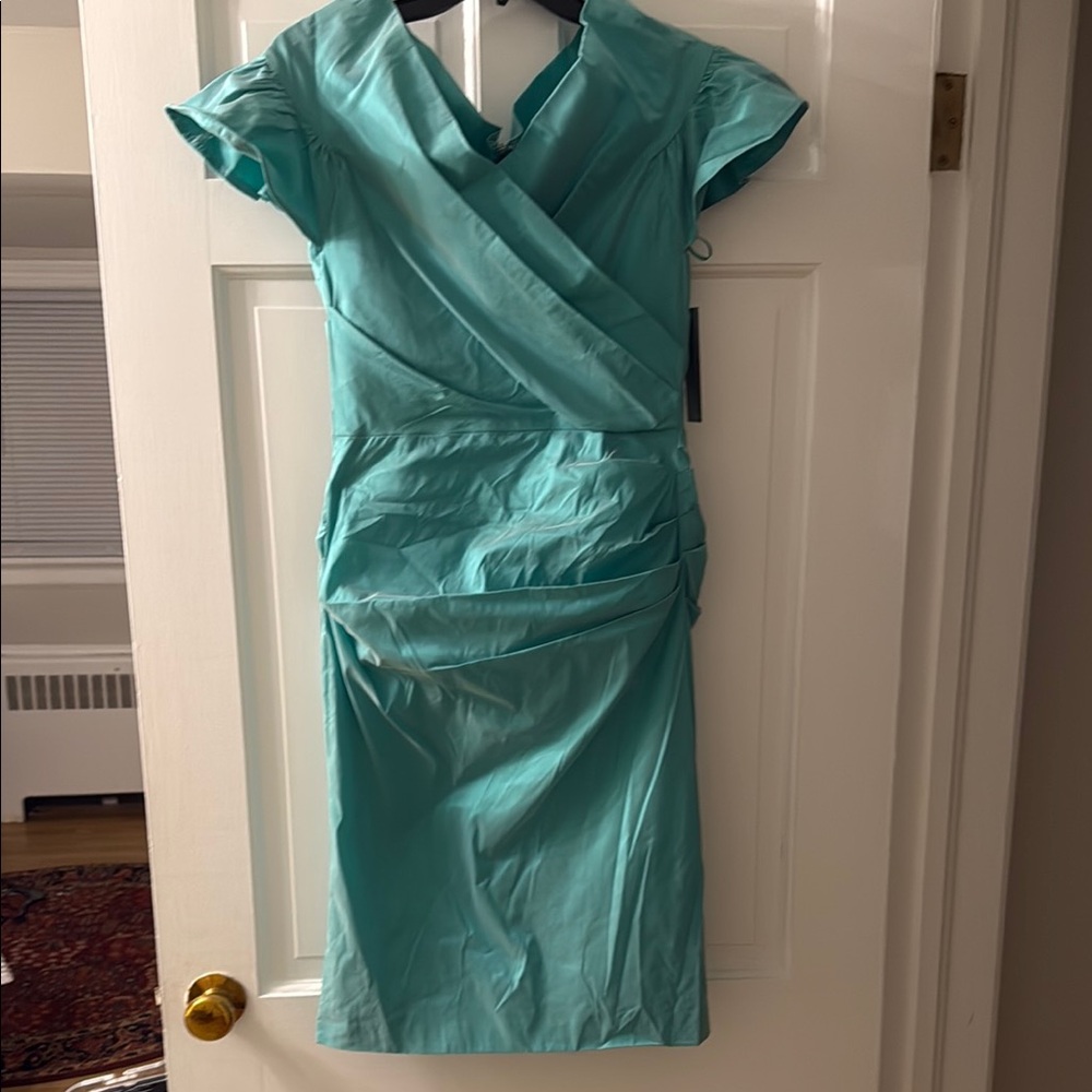 Teri Jon Green Ruched Asymmetrical Sheath Dress